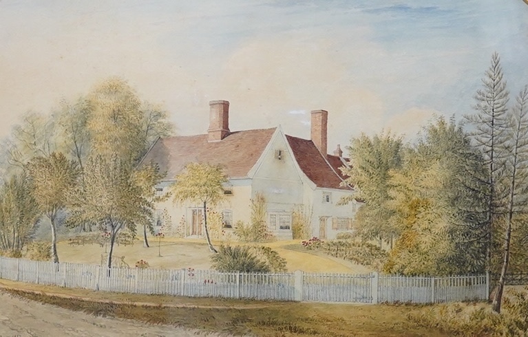 Henry Davy (1793-1865), watercolour, Cottage garden scene, signed and dated 1857, 24.5 x 38cm, gilt framed. Condition - fair